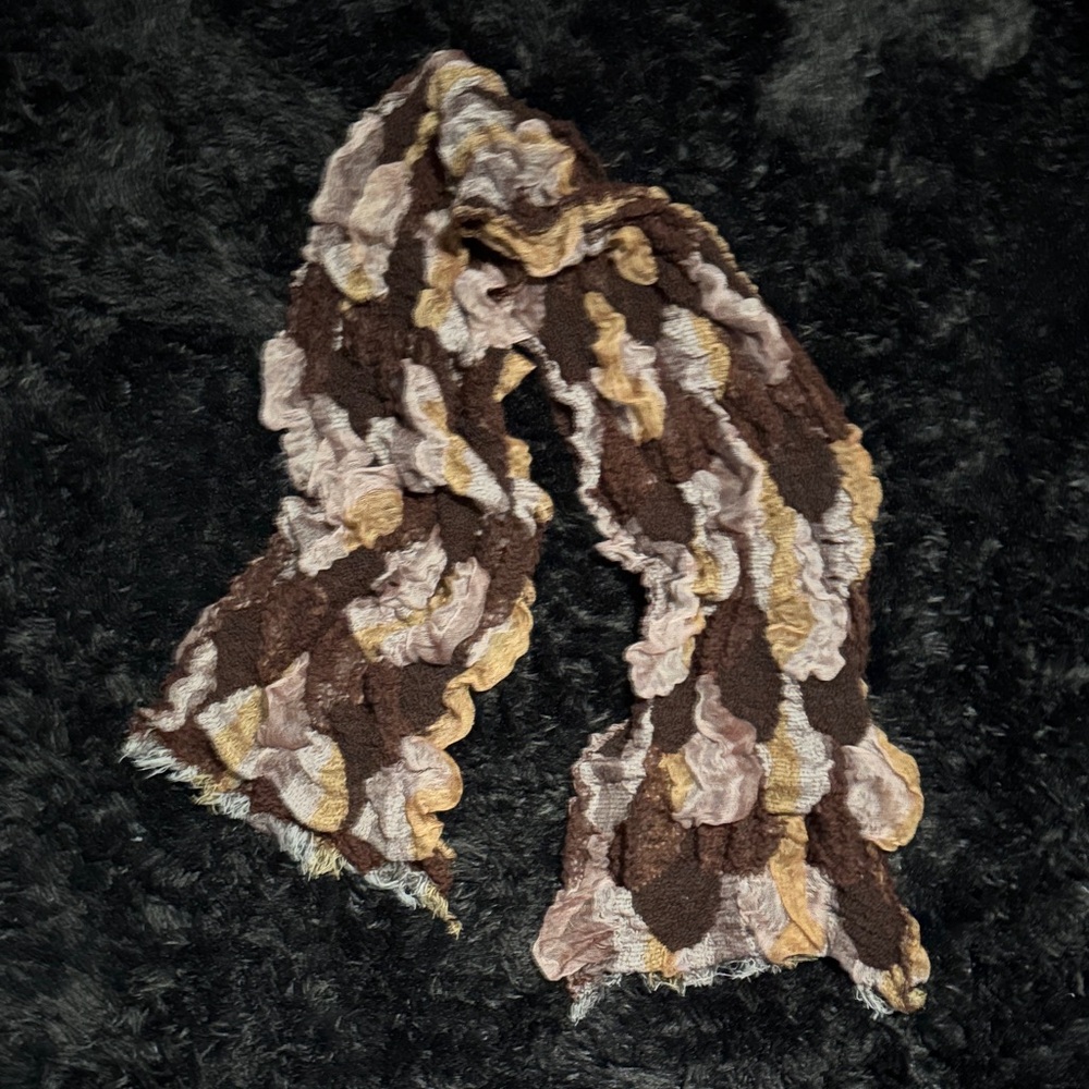 Brown Tan White Textured Ruffle Scarf | Cozy Neutral Fall to Winter Wrap Shawl